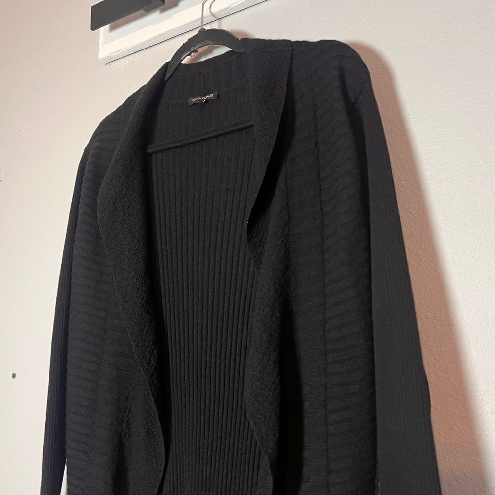 Eileen Fisher Wool Cardigan Sweater Black Small Open Front Whimsigoth Minimalist